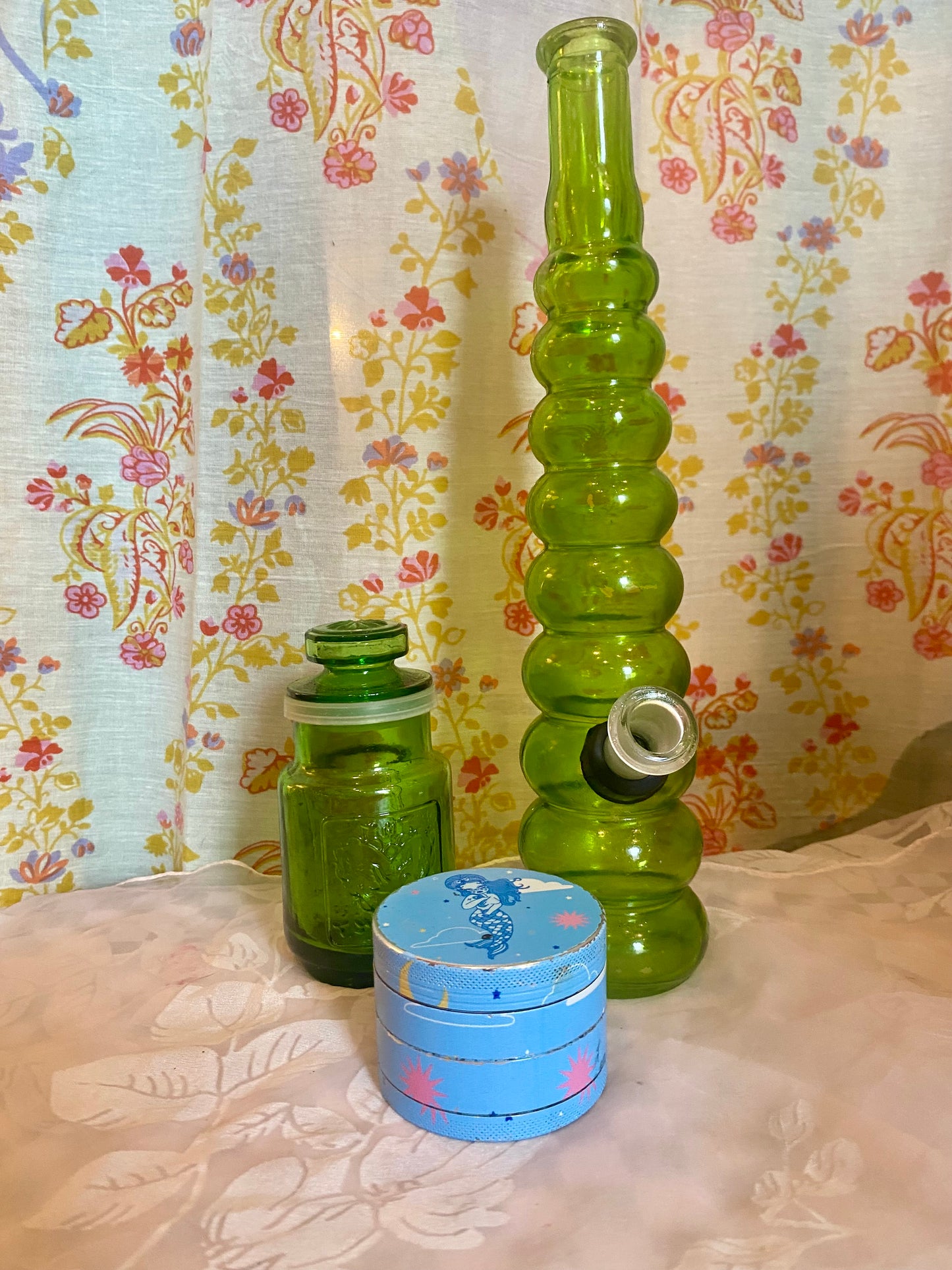 Green Glass Water Pipe from Vintage